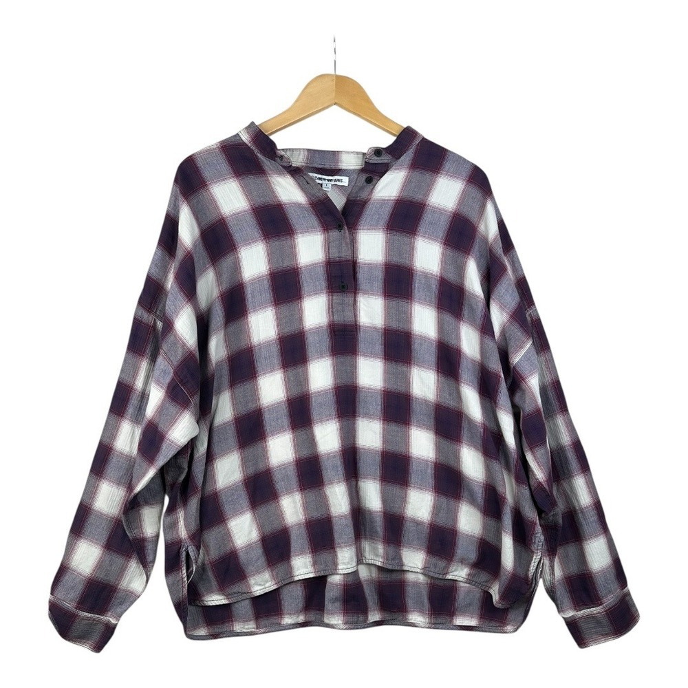 Elizabeth and James Flint Oversized Plaid Cotton Shirt size Large‎ Gray/Maroon